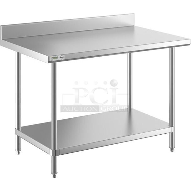 BRAND NEW SCRATCH AND DENT! Regency 600TSB3048S 30" x 48" 16-Gauge Stainless Steel Commercial Work Table with 4" Backsplash and Undershelf - Image 1 of 2