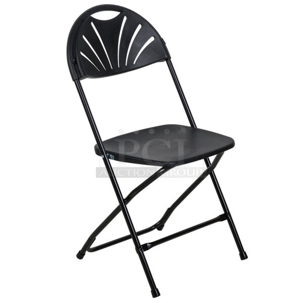 Box of 10 BRAND NEW SCRATCH AND DENT! Lancaster Table & Seating DG-64298-5 Black Plastic Fan Back Folding Chair - Image 1 of 2