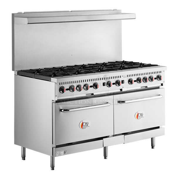 BRAND NEW SCRATCH AND DENT! Cooking Performance Group CPG 351CC60N Stainless Steel Commercial Natural Gas 10 Burner 60" Range with 2 Convection Ovens, Over Shelf and Back Splash. 360,000 BTU - Image 1 of 11