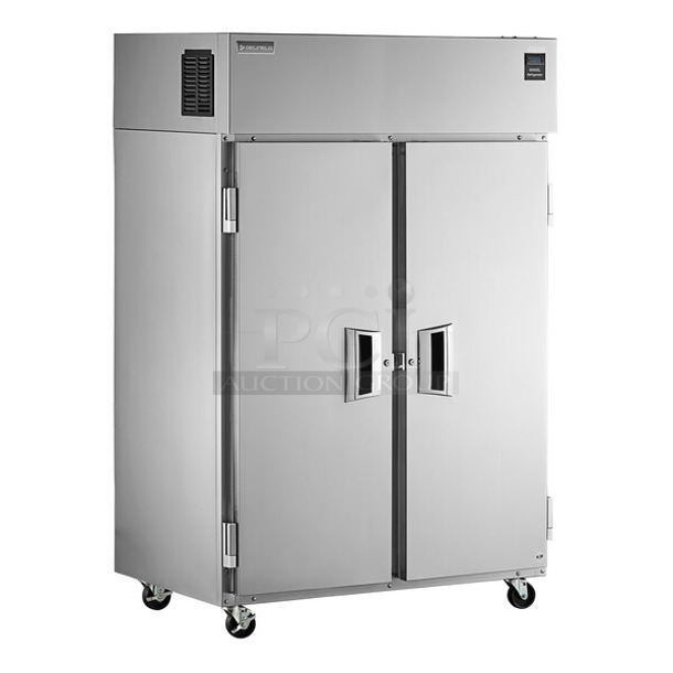 BRAND NEW SCRATCH AND DENT! 2024 Delfield 6051XL-S Stainless Steel Commercial 2 Door Reach In Cooler w/ Racks on Commercial Casters. 115 Volts, 1 Phase. Tested and Working! - Image 1 of 7