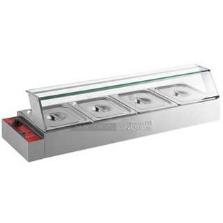 BRAND NEW SCRATCH AND DENT! 2023 Avantco 177BMFW4 Stainless Steel 46" Electric Bain Marie Buffet Countertop Food Warmer with 4 Half Size Wells. 120 Volts, 1 Phase. Tested and Working!