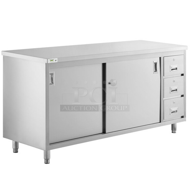 BRAND NEW SCRATCH AND DENT! Regency 600EBT2472R 24" x 72" 16 Gauge Type 304 Stainless Steel Enclosed Base Sliding Door Table with Drawers - Image 1 of 6
