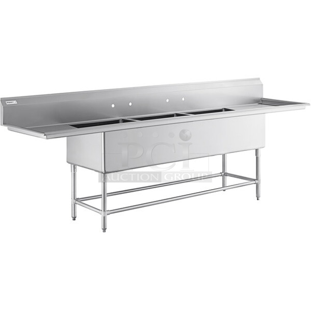 BRAND NEW SCRATCH AND DENT! Regency 600S3242424S Spec Line 124" 14 Gauge Stainless Steel Three Compartment Commercial Sink with 2 Drainboards - 24" x 24" x 14" Bowls - Image 1 of 10
