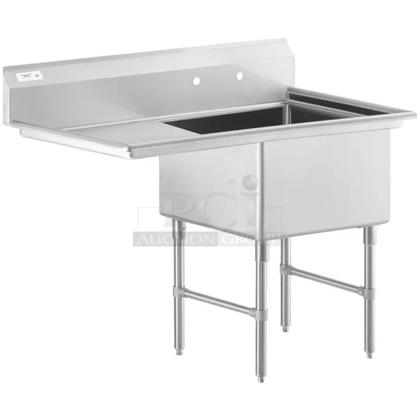 BRAND NEW SCRATCH AND DENT! Regency 600S1242424L 50 1/2" 16 Gauge Stainless Steel One Compartment Commercial Sink with Stainless Steel Legs, Cross Bracing, and 1 Drainboard - 24" x 24" x 14" Bowl. No Legs.  - Image 1 of 6