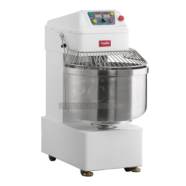 BRAND NEW SCRATCH AND DENT! Estella 348SM80 Metal Commercial 80 Quart / 120 Pound Two-Speed Spiral Dough Mixer w/ Stainless Steel Mixing Bowl, Bowl Guard and Dough Hook. 220 Volts. Tested and Working! - Image 1 of 10