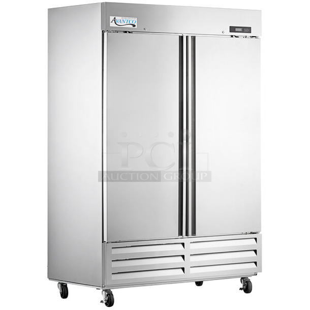 BRAND NEW SCRATCH AND DENT! 2023 Avantco 447AP49F Stainless Steel Commercial 55 3/8" Stainless Steel Solid Door Reach-In Freezer w/ Poly Coated Racks. 115 Volts, 1 Phase. Tested and Working! - Image 1 of 7