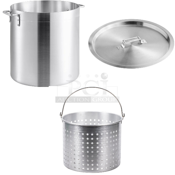 BRAND NEW SCRATCH AND DENT! Choice 471SP40QT 40 Qt. Standard Weight Aluminum Stock Pot w/ Choice 471SPC40 14 3/4" Aluminum Pot / Pan Cover and Winco 407ABSK40 40 Qt. Aluminum Stock Pot Steamer Basket - Image 1 of 4
