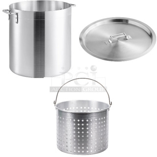 BRAND NEW SCRATCH AND DENT! Choice 471SP40QT 40 Qt. Standard Weight Aluminum Stock Pot w/ Choice 471SPC40 14 3/4" Aluminum Pot / Pan Cover and Winco 407ABSK40 40 Qt. Aluminum Stock Pot Steamer Basket