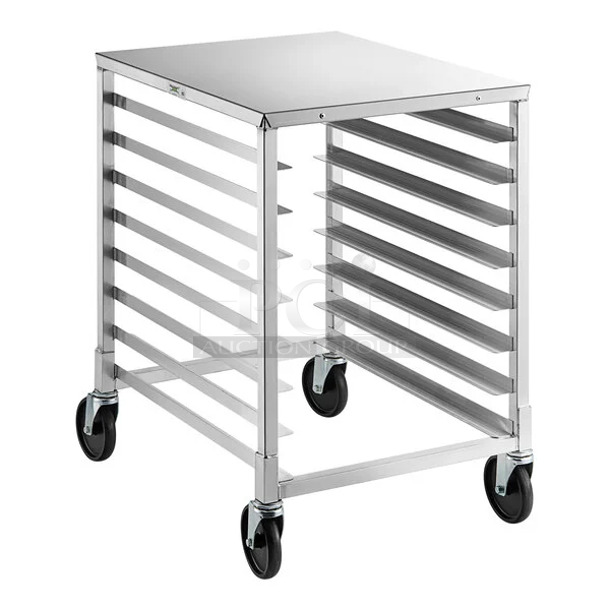 BRAND NEW SCRATCH AND DENT! Regency 600UPR8WTELS 8 Pan End Load Aluminum Undercounter Bun / Sheet Pan Rack with Stainless Steel Top. 2 Casters Need To Be Attached.  - Image 1 of 7