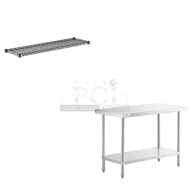 6 BRAND NEW SCRATCH AND DENT! Items Including Regency 600TS448S 24" x 48" 16-Gauge 304 Stainless Steel Commercial Work Table with Undershelf, Regency 460EB1448 14" x 48" NSF Black Epoxy Wire Shelf, Chrome Finish Brackets. 6 Times Your Bid! May Be Missing Pieces.  - Image 1 of 8