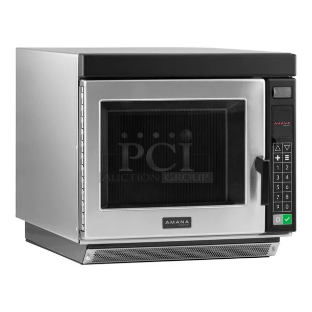 BRAND NEW SCRATCH AND DENT! 2024 Amana RC22S2 Heavy Duty Stainless Steel Commercial Microwave Oven with Push Button Controls. 208/240 Volts, 1 Phase.  - Image 1 of 7