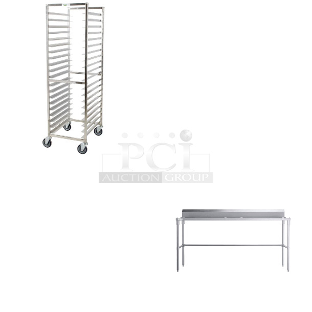 2 BRAND NEW SCRATCH AND DENT! Items Including Regency 600PR20316K 20 Pan End Load Stainless Steel Bun / Sheet Pan Rack - Unassembled and Regency 600TPBOF2472 30" x 96" 14-Gauge 304 Stainless Steel Poly Top Table with 3/4" Thick Poly Top, Open Base, and 6" Backsplash. May Be Missing Pieces. 2 Times Your Bid!  - Image 1 of 4