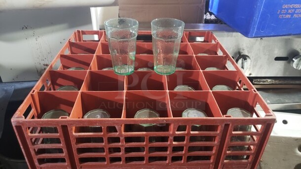 Lot of 25 Cambro Plastic Tumblers and a 25 Compartment Glass Rack
