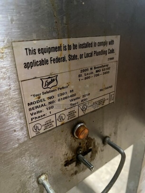 Duke Commercial Electric Powered 3 Well Steam Table! With Sneeze Guard! All Stainless Steel! On Legs! Model: E303M SN: 01063402 120V 60HZ 1 Phase - Image 8 of 11