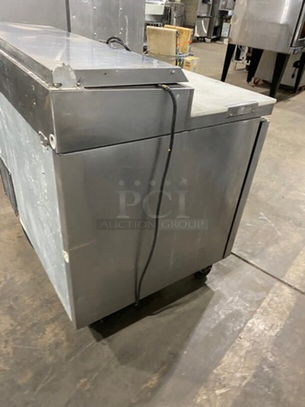 Turbo Air Commercial Refrigerated Pizza Prep Table! With Commercial Cutting Board! With Single Door Storage Space! Poly Coated Rack! All Stainless Steel! On Casters! Model: TPR44SD SN: TP4RA0100B 115V 60HZ 1 Phase - Image 4 of 10