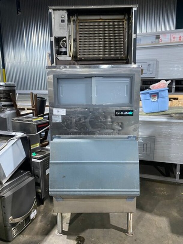 Ice-O-Matic Commerical Ice Making Machine! On Commercial Ice Bin! All Stainless Steel! On Legs! 2x Your Bid Makes One Unit! Model: ICE0400HA4 SN: 11081280011611 115V 60HZ 1 Phase