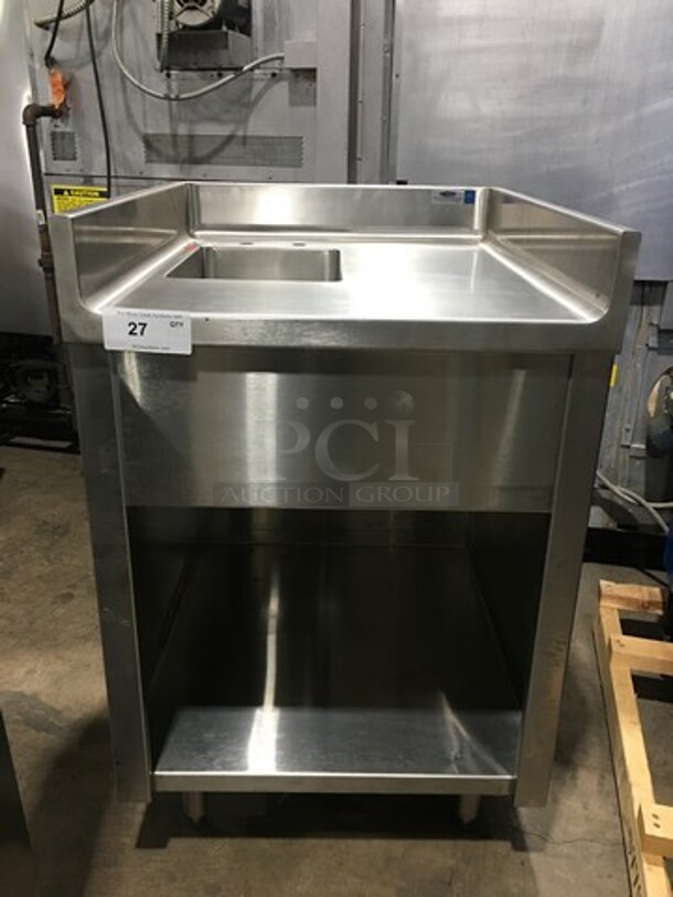 GREAT! NEW! Custom Metal Commercial Sink! With Faucet And Handles! With Back And Side Splashes! With Storage Space Underneath! Stainless Steel! On Legs!