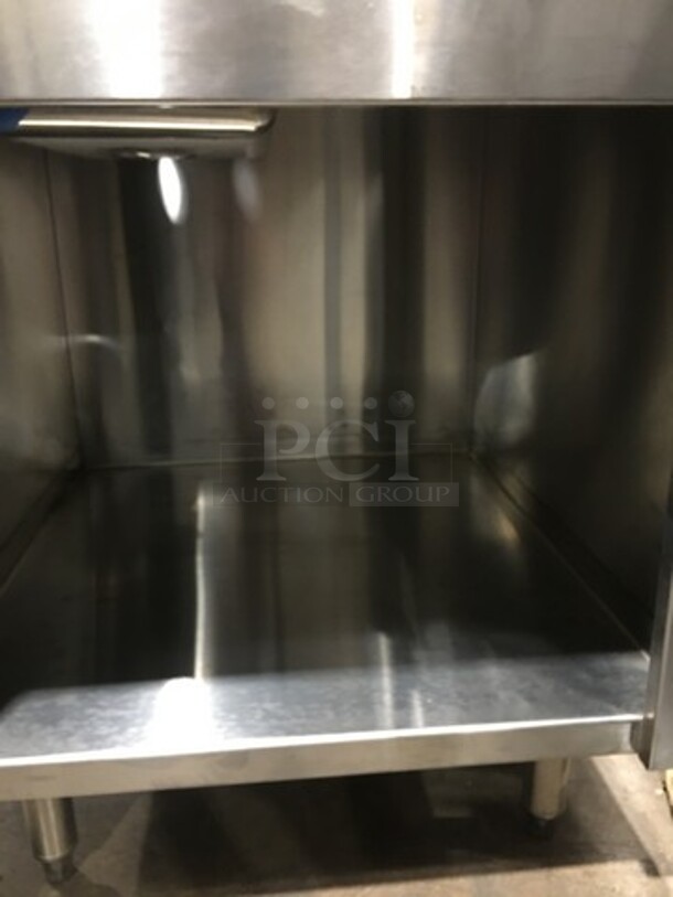 GREAT! NEW! Custom Metal Commercial Sink! With Faucet And Handles! With Back And Side Splashes! With Storage Space Underneath! Stainless Steel! On Legs! - Image 9 of 10