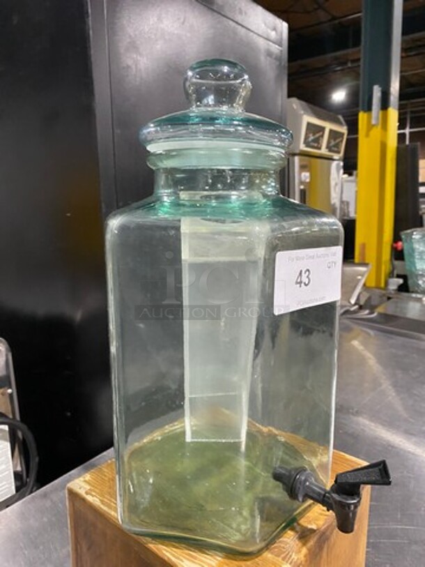 CUTE! Beverage Dispenser Set! Clear Blue Glass Jar! With Lid! With Wooden Stand And Drip Tray! - Image 2 of 5