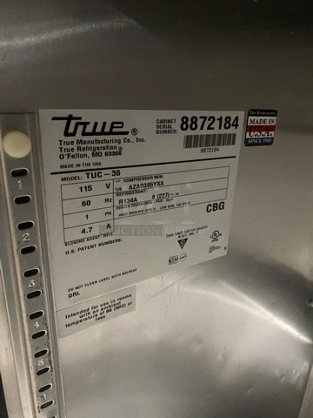 True Commercial 2 Door Lowboy/Worktop Cooler! With poly Coated Racks! All Stainless Steel! On Casters! Model: TUC36 SN: 8872184 115V 60HZ 1 Phase - Image 7 of 8