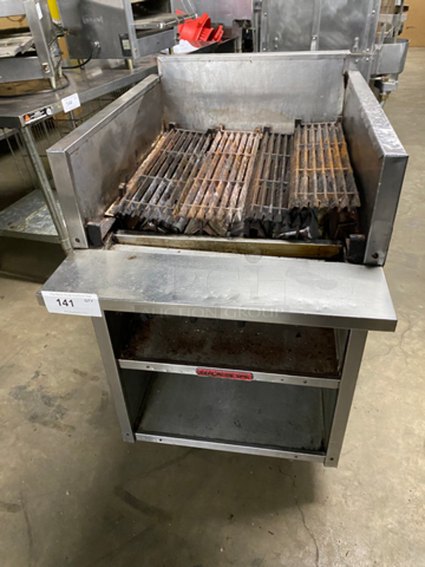MagiKitch'n Commercial Natural Gas Powered Char Grill! With Back And Side Splashes! With Shelf Storage Space Underneath! All Stainless Steel! Model: FMRMB24 SN: 99119445