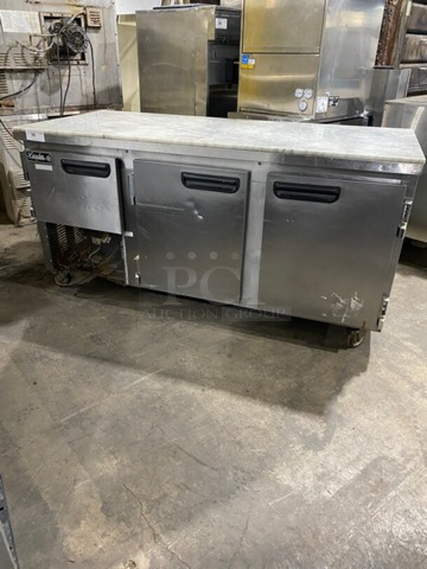 Leader Commercial 3 Door Under The Counter/ Work Top Cooler! With Poly Coated Racks! All Stainless Steel! On Casters! Model: LB72S/C SN: GX02S1807 115V 60HZ 1 Phase