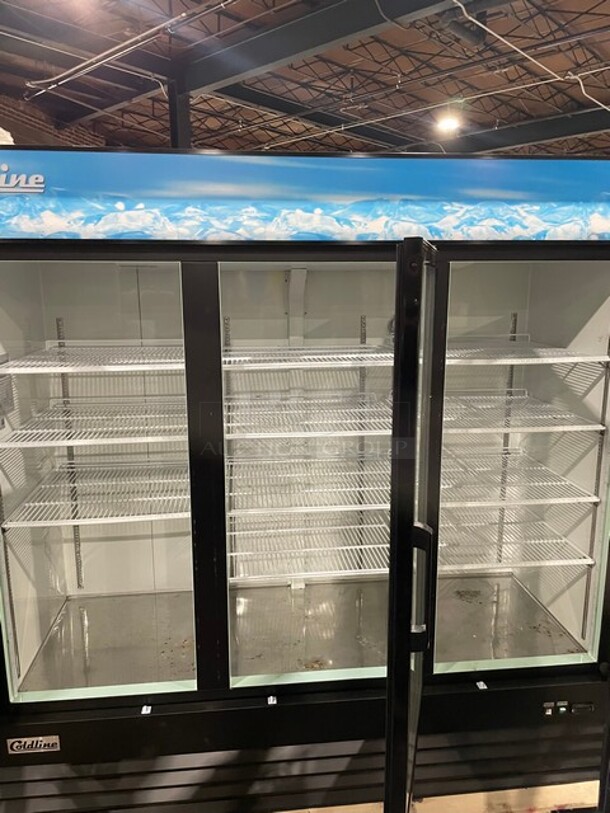 2023 Late Model! ColdLine Commercial 79" Triple Glass Swing Door Merchandiser Freezer! With Poly Coated Racks! 115V! Model: D80-B SN: 085888104! - Image 5 of 8