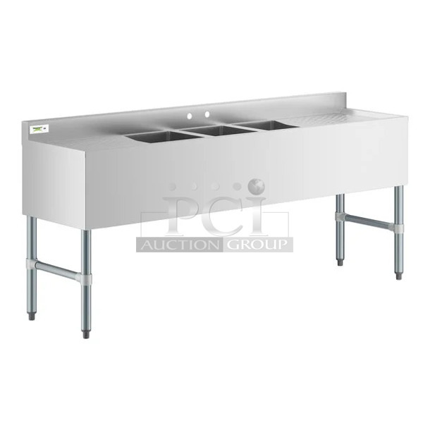 BRAND NEW SCRATCH AND DENT! Regency 600B31014219 Stainless Steel Commercial 3 Bay Back Bar Sink w/ Dual Drain Boards. Bays 10x14. Drain Boards 15x17
