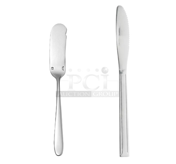 2 Boxes; One 12 Dozen BRAND NEW! Winco 0001-08 8" Dinner Knife with 18/0 Stainless Grade and One Box of 12 Dozen Oneida T023KSBF Mascagni Stainless Steel Extra Heavy Weight Butter Spreader. 2 Times Your Bid! - Image 1 of 4
