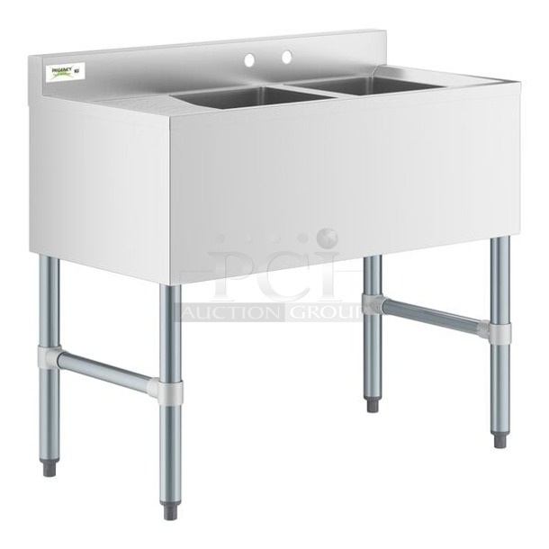 BRAND NEW SCRATCH & DENT! Regency STAINLESS STEEL 2 Bowl Underbar Sink with One Drainboard - 36" x 18 3/4" - Right Drainboard. IN THE BOX!  - Image 1 of 2