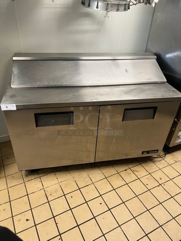 True Commercial Refrigerated Sandwich Prep Table! With 2 Door Underneath Storage Space! All Stainless Steel! On Casters! WORKING WHEN REMOVED! Model: TSSU6016 SN: 13305593 115V 60HZ 1 Phase