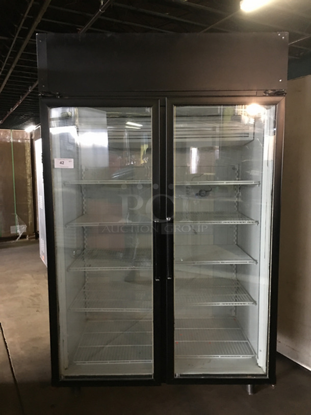 Frigidaire Commercial Freezer 2 Door Reach In Display Case Merchandiser! With View Through Doors! With Poly Coated Racks! On Legs! Model: T50LGPCA4 SN: H1252710 115/208/230V 60HZ 1 Phase