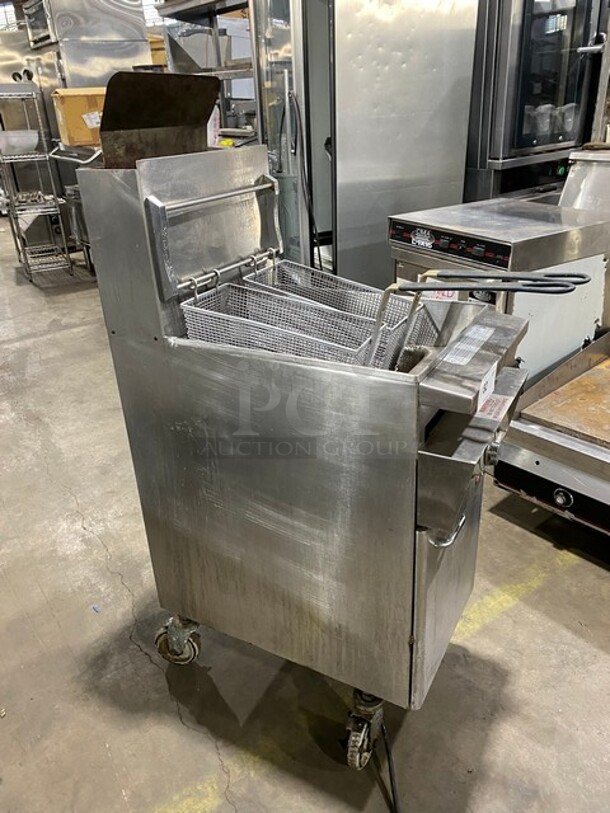Keating Stainless Steel Commercial Natural Gas Powered Floor Style Instant Recovery Fryer w/ 2 Metal Fry Baskets! MODEL BBHIFM14 SN:R76601B 115V 1PH - Image 2 of 11
