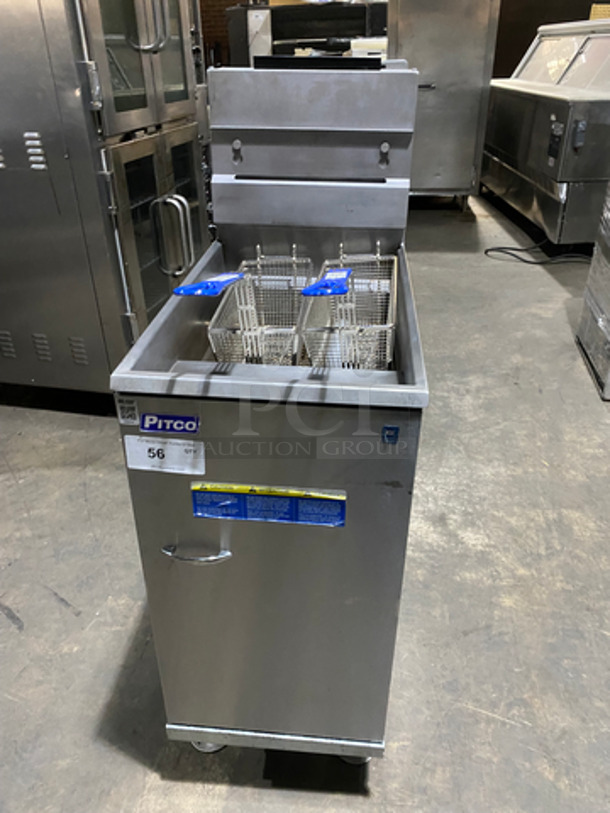 NICE! Pitco Natural Gas Powered 3 Burner Deep Fat Fryer! With 2 Metal Frying Baskets! All Stainless Steel! On Legs! Model: 35C SN: G20HA030233 