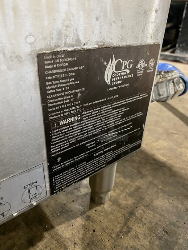 CPG Commercial Countertop Natural Gas Powered 36 Inch Char Broiler Grill! All Stainless Steel! Model CBR36 Serial 1708002288! On Legs! - Image 7 of 8