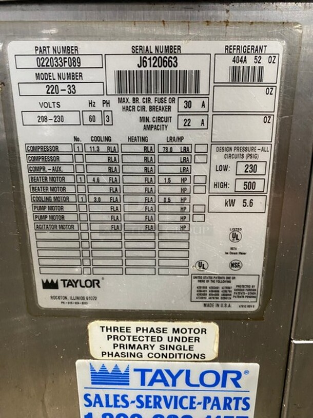 Taylor Stainless-Steel Air-Cooled Batch Ice Cream Machine! On Casters! MODEL 220-33 SN: J6120663 208/230V 3PH - Image 8 of 10