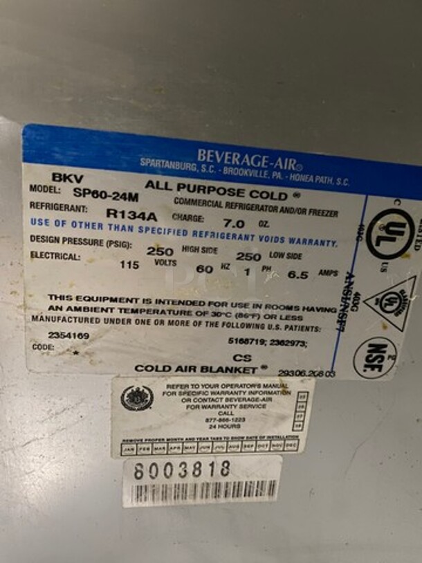 Beverage Air Commercial Refrigerated Sandwich Prep Table! With 2 Door Underneath Storage Space! All Stainless Steel! On Casters! Model: SP6024M SN: 8003818 115V 60HZ 1 Phase - Image 8 of 12