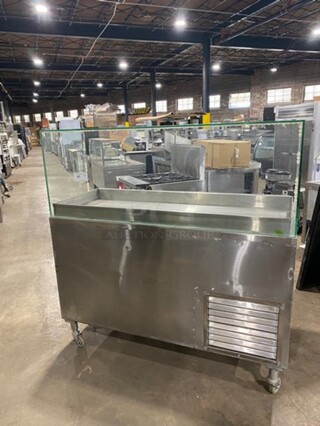 ALL Stainless Steel Commercial Refrigerated Food Serving Station Counter/Cold Pan! With Sneeze Guard! With 2 Door Storage Space Underneath!  On Casters! 120V 1Phase!