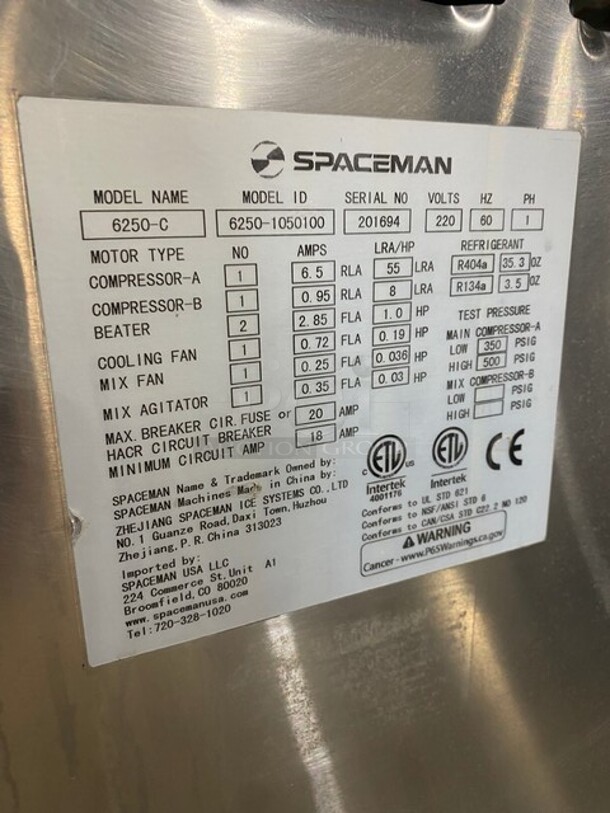 NICE! LATE MODEL! Spaceman Commercial Dual Soft Serve Ice Cream Machine! With 2 Hoppers & 3 Dispensers! All Stainless Steel! On Casters! 220V 1 Phase! Model: 6250-C SN: 201694! Working When Removed!  - Image 7 of 8