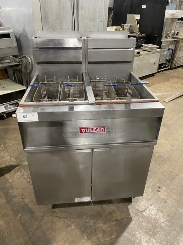 NICE! LATE MODEL! Vulcan Commercial Natural Gas Powered 2 Bay Deep Fat Fryer! With Backsplash! With Oil Filter System! All Stainless Steel! With 4 Frying Baskets! On Casters! Model: 2GR45MF SN: 48-1650173! Working When Removed! - Image 1 of 9