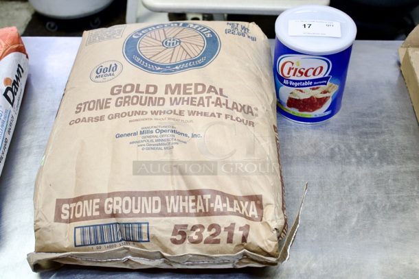 SEALED/NEVER OPENED! Can Of Crisco & General Mills Gold Medal Stone Ground Wheat-A-Laxa Coarse Ground Whole Wheat Flour - 50lbs