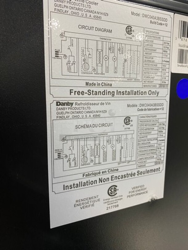 NEW! OUT OF THE BOX! SCRATCH-N-DENT! Danby Single Door Wine Bottle Cooler/Chiller! With View Through Door! With Racks! 38 Wine Bottle Capacity! Model: DWC040A3BSSD 115V - Image 5 of 7