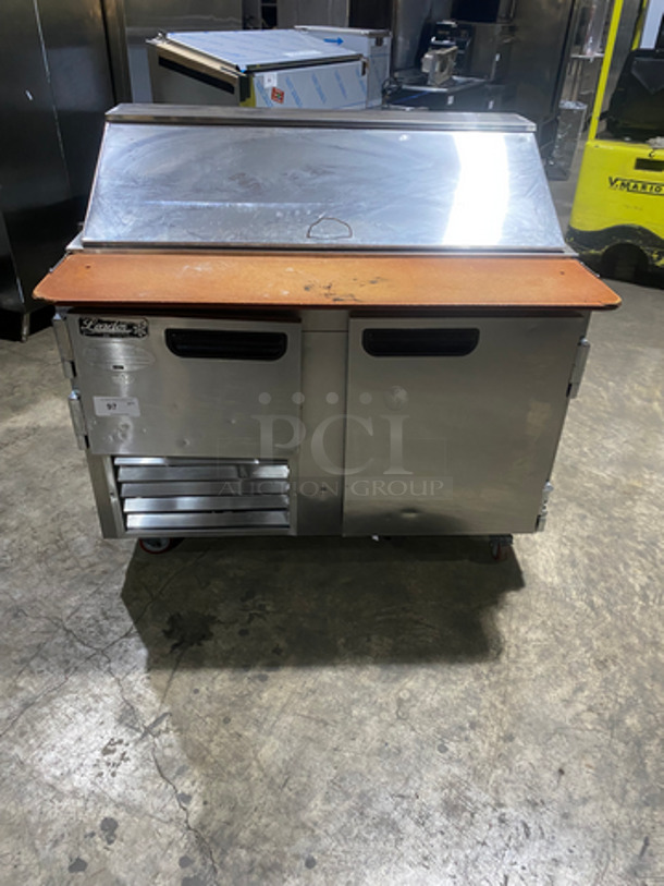 Leader Commercial Refrigerated Sandwich/Salad Prep Table! With Wooden Cutting Board! With 2 Door Storage Space Underneath! With Poly Coated Rack! All Stainless Steel! On Casters! Model: LM48 SN: GZ12M0807B 115V 60HZ 1 Phase - Image 1 of 9