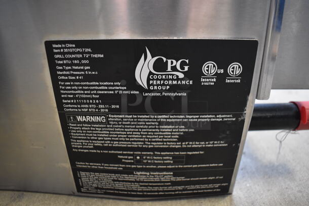 LIKE NEW! CPG 351GTCPG72NL Stainless Steel Commercial Countertop Natural Gas Powered Flat Top Griddle w/ Thermostatic Controls. 180,000 BTU. 72x30x16 - Image 10 of 11
