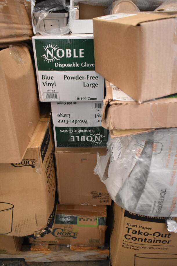 PALLET LOT of 35 BRAND NEW Boxes Including Frymaster 8263295 Skf Linear Actuator, Choice Take Out Container, 395TO883 EcoChoice 8" x 8" x 3" Compostable Sugarcane / Bagasse 3 Compartment Takeout Box - 200/Case,  2 Box 394405L Noble Products Powder-Free Disposable Blue Vinyl Gloves for Foodservice - Large - 1000/Case, 407TRNRSW65 Choice 6" x 5" Square Edge Turner with White Polypropylene Handle, Garde 181ONBLD316 3/16" Blade Assembly for Onion Slicer - 2/Set, 712LSD40V Lavex 40 fl. oz. (1200 mL) Stainless Steel Surface Mounted Vertical Liquid Soap Dispenser. 35 Times Your Bid! - Image 5 of 6