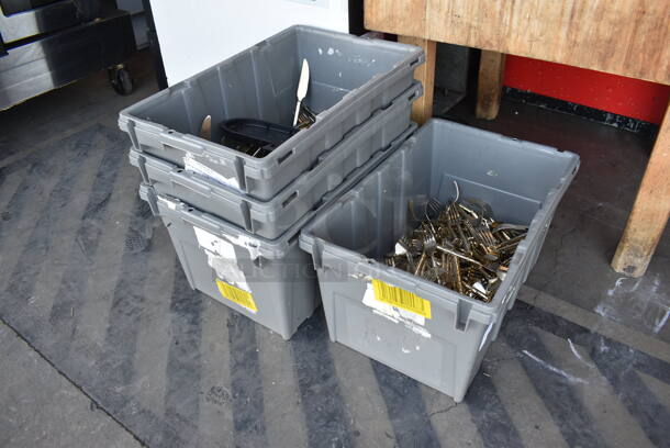 ALL ONE MONEY! Lot of 4 Gray Poly Bins w/ Silverware Including Forks - Image 3 of 5