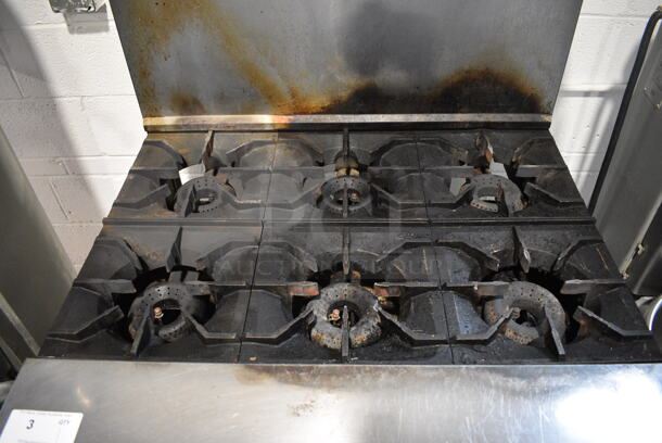 American Range Stainless Steel Commercial Natural Gas Powered 6 Burner Range w/ Oven, Over Shelf and Back Splash on Commercial Casters. 36x32.5x56.5 - Image 2 of 7
