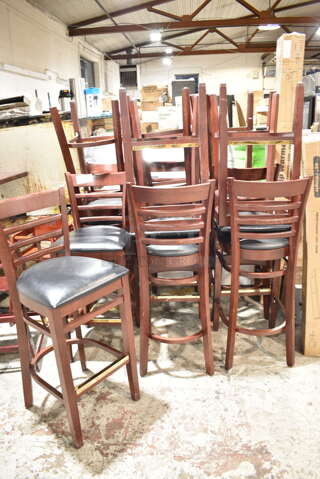 12 Wood Pattern Bar Height Chair w/ Black Seat Cushions. 12 Times Your Bid!