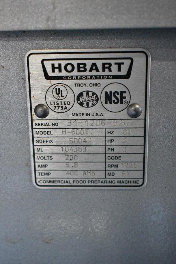 Hobart H-600T Metal Commercial Floor Style 60 Quart Planetary Dough Mixer w/ 2 Stainless Steel Mixing Bowl, Bowl Guard, Bowl Dolly, Whisk, Paddle and Dough Hook Attachments. 200 Volts, 3 Phase. - Image 6 of 6