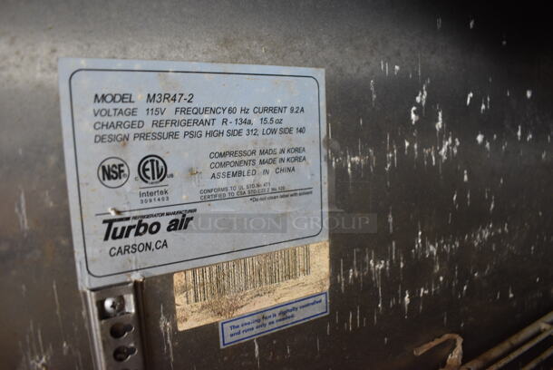 Turbo Air Model M3R47-2 Stainless Steel Commercial 2 Door Reach In Cooler w/ Poly Coated Racks on Commercial Casters. 115 Volts, 1 Phase. 52x31x83. Tested and Powers On But Does Not Get Cold - Image 4 of 6